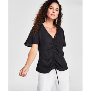 INC International Concepts Medium Black Ruched-Front Short-Sleeve Top NWT